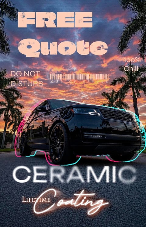 Black SUV with neon pink and cyan trim parked under dramatic sunset sky surrounded by palm trees with text overlay advertising ceramic coating