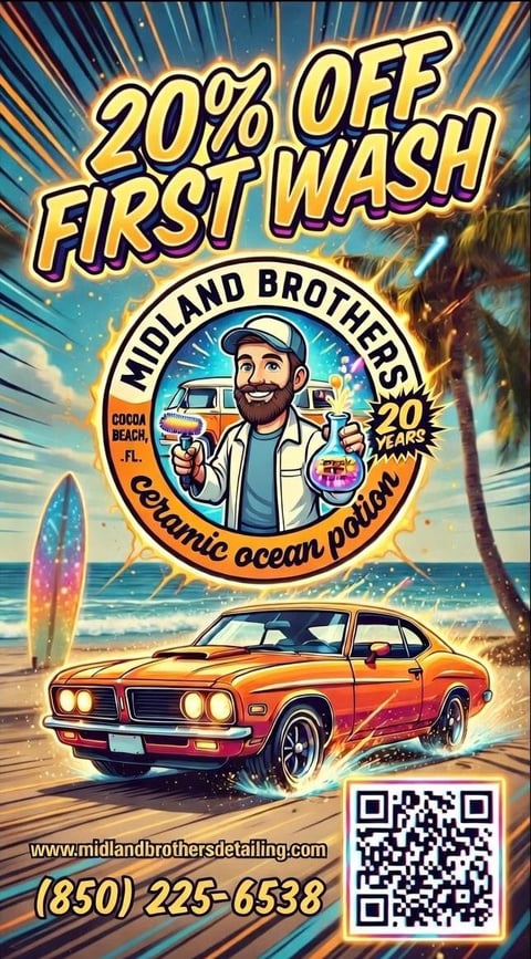 Promotional flyer for Midland Brothers car detailing offering 20% off first wash with vintage car and beach background