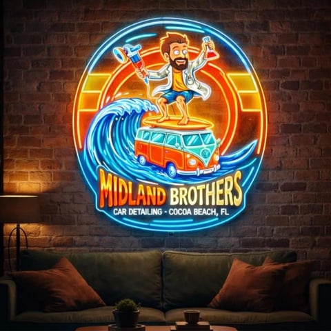 Neon sign for Midland Brothers car detailing in Cocoa Beach, FL, featuring a cheerful figure on a surfboard van with blue wave design