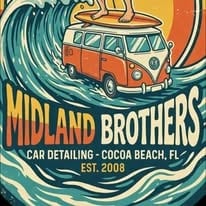 Midland Brothers car detailing logo featuring a retro orange van with surfboard and wave design, Cocoa Beach, FL